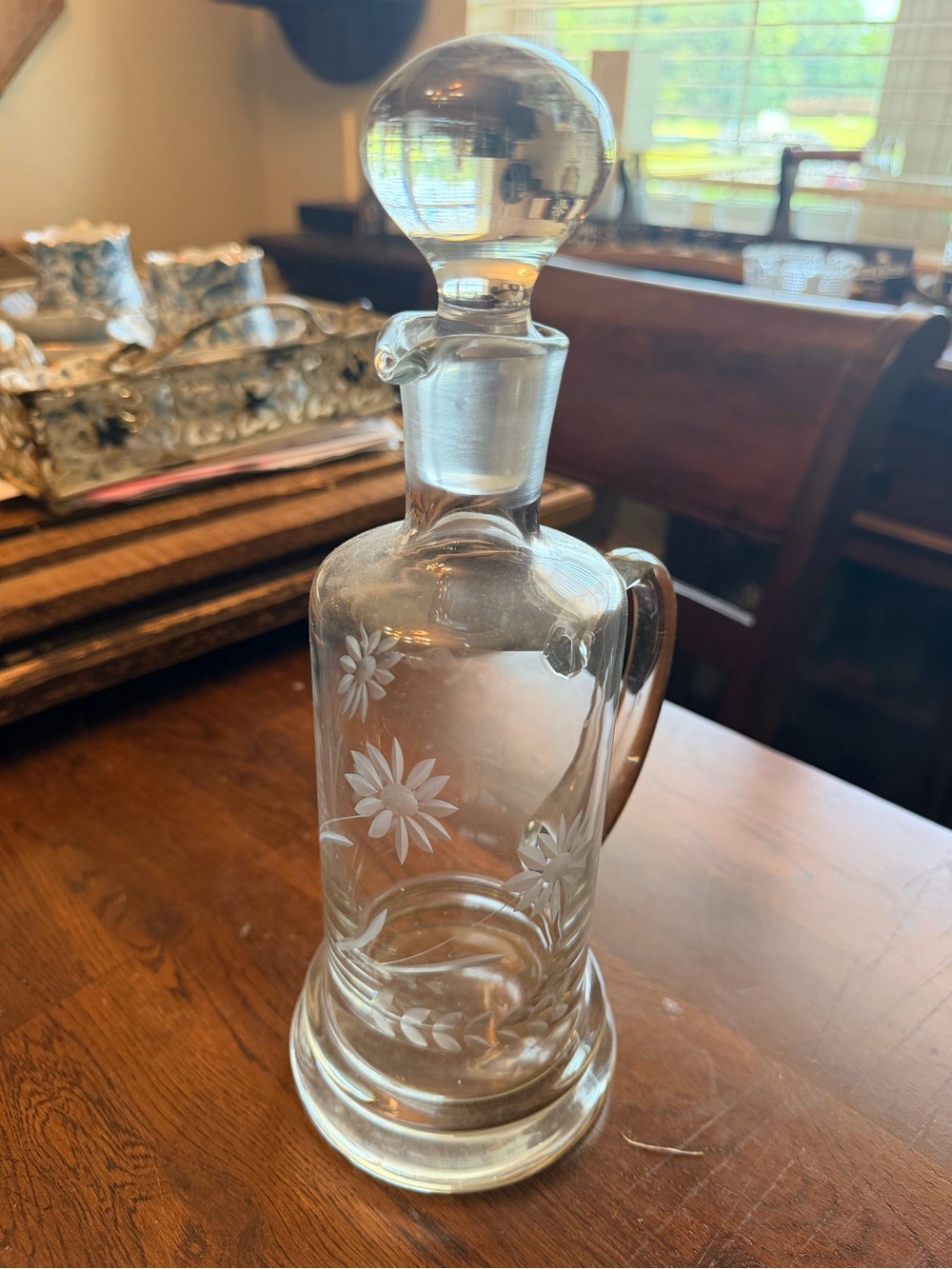 Vintage Etched Glass Cruet Decanter with Stopper - Clear Floral Design